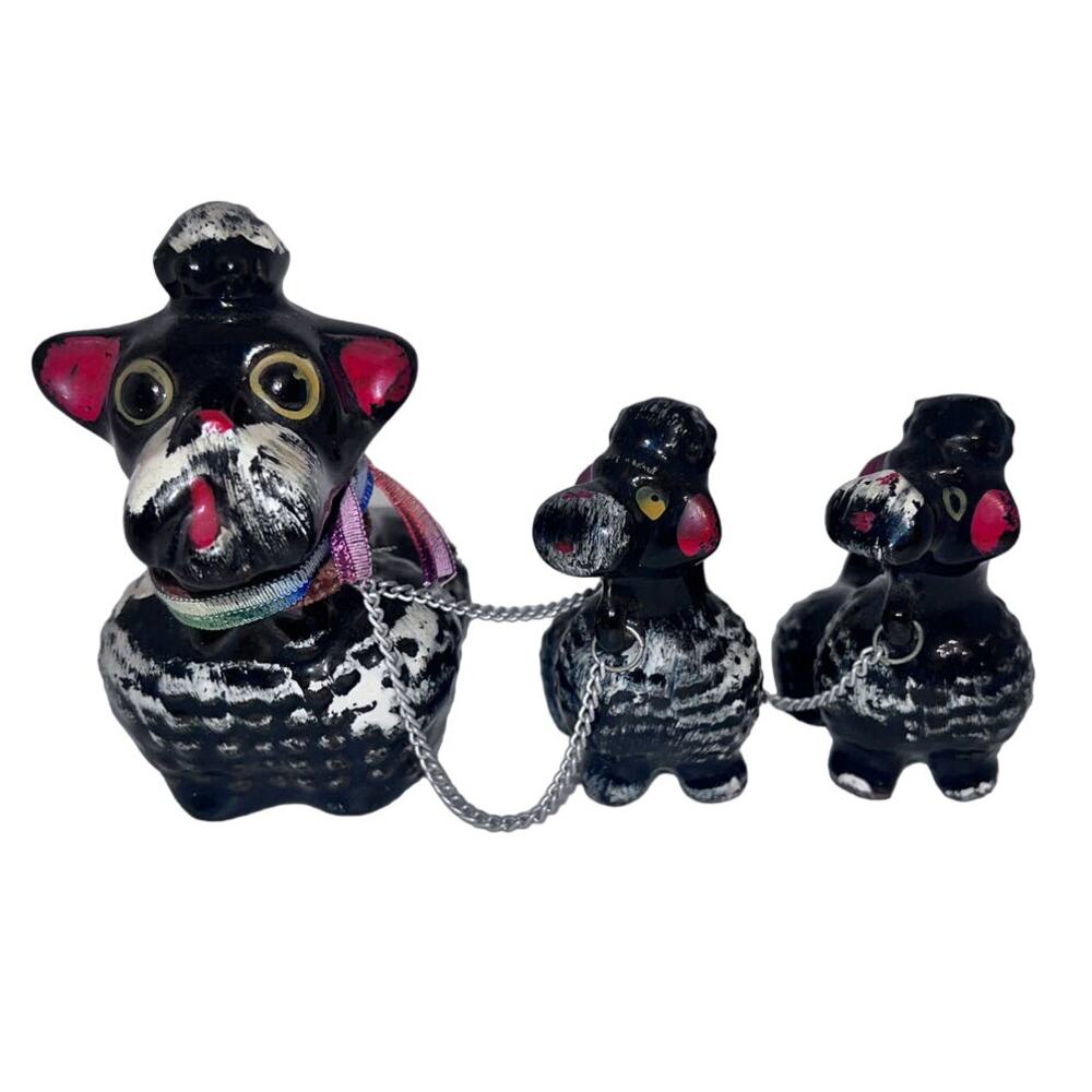 Japan Redware Black Poodle Dog Family Figurines Chain Set of 3 Vintage